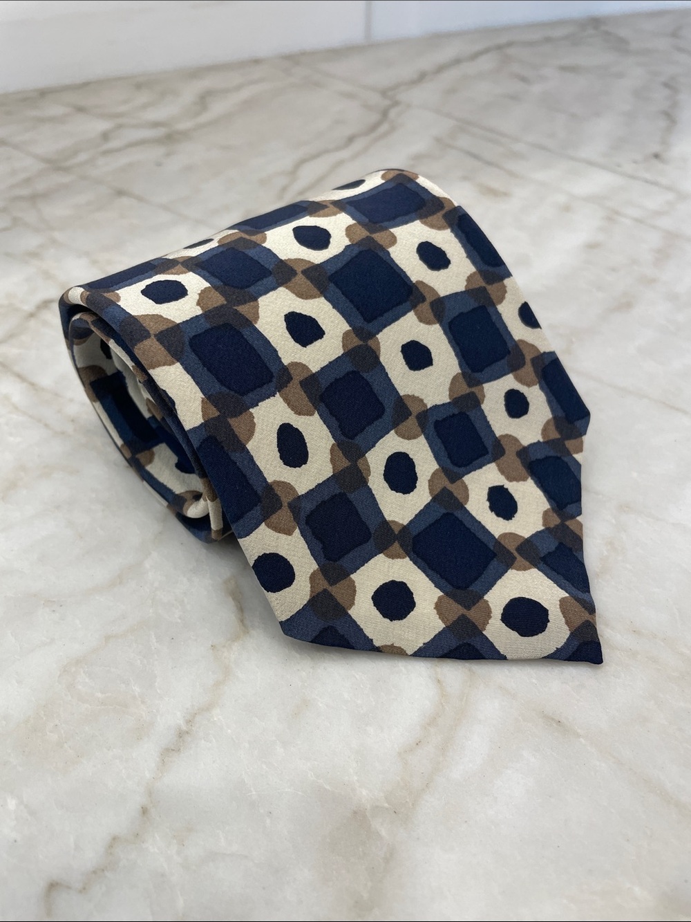 Structure Navy, Cream and Brown Geometric Silk Tie